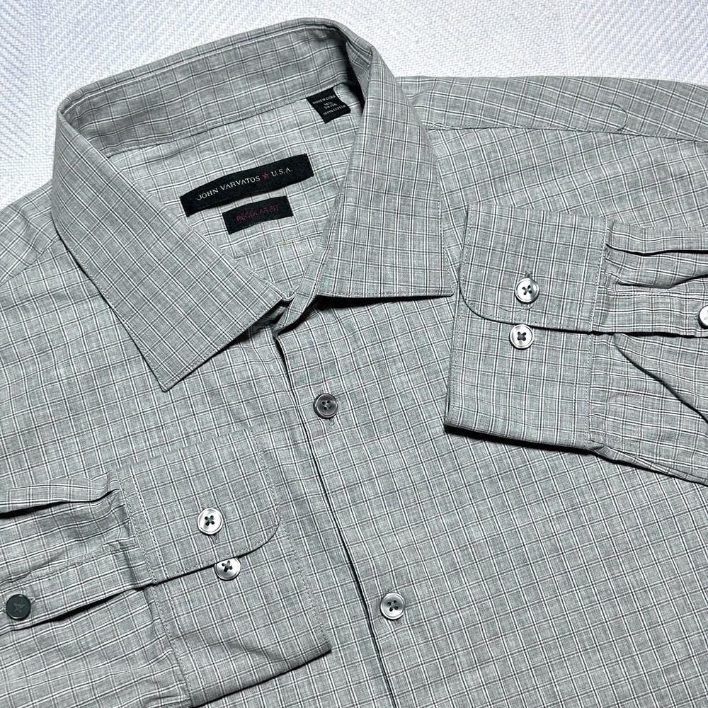 John Varvatos Button‎ Up Shirt Mens 16.5-34/35 Gray Check Plaid Regular Fit